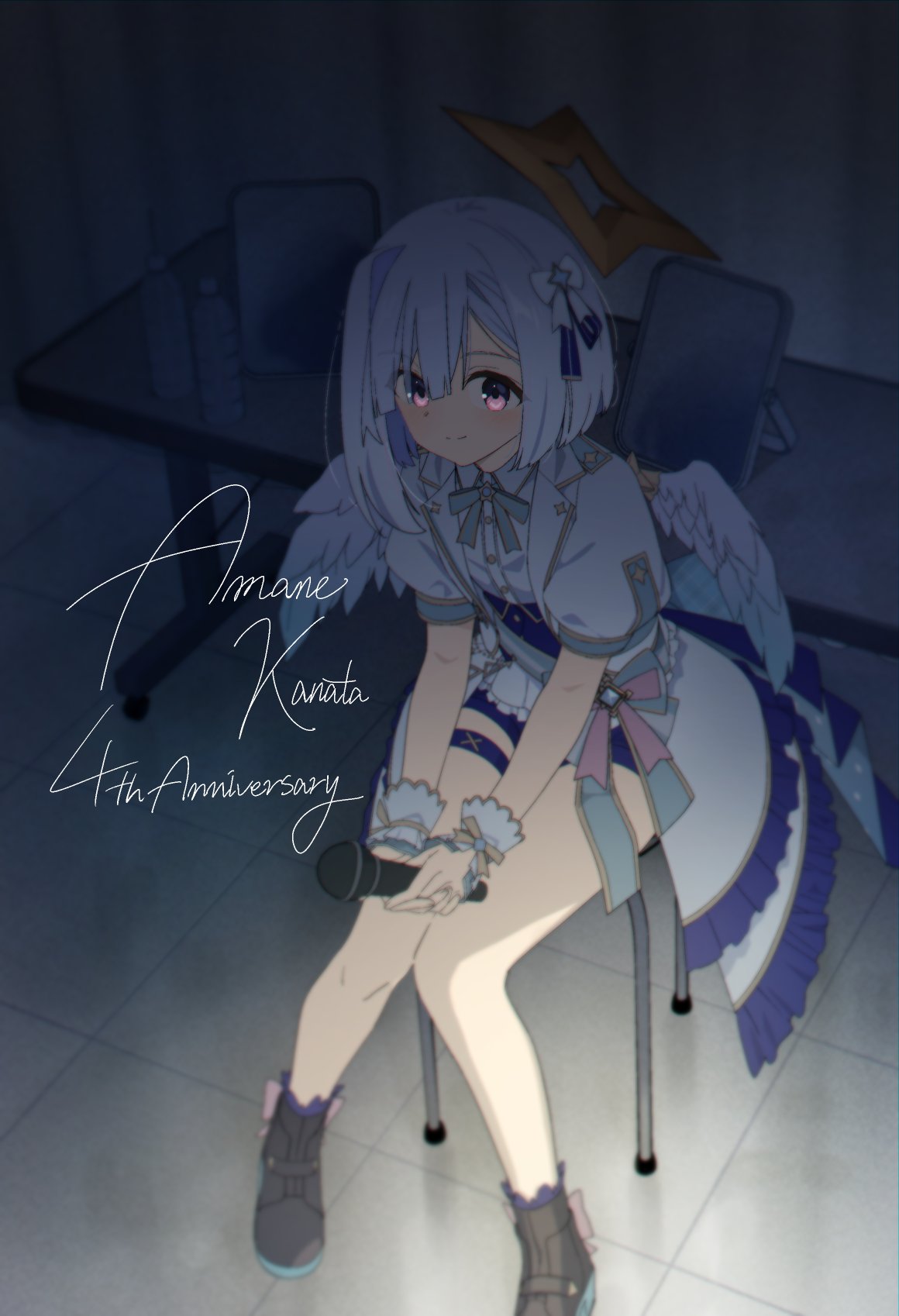 1girl amane_kanata angel angel_wings anniversary asymmetrical_bangs black_footwear blue_hair bottle bow bowtie character_name collared_shirt colored_inner_hair curtains feathered_wings gradient_wings grey_hair gulim hair_bow halo highres holding holding_microphone hololive light_smile looking_at_viewer microphone mini_wings mirror multicolored_hair multicolored_wings puffy_short_sleeves puffy_sleeves shirt short_hair short_sleeves single_hair_intake sitting solo star_halo table thigh_strap violet_eyes virtual_youtuber water_bottle white_shirt white_wings wings