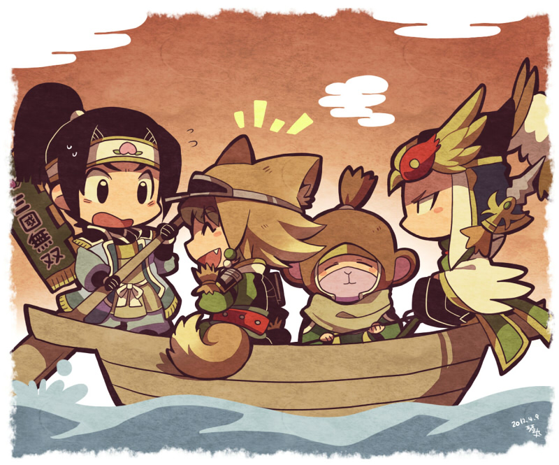 4boys animal_ears black_hair blush_stickers boat brown_hair chibi chibi_only chinese_clothes clouds dated dog_ears dog_tail fang headband helmet holding holding_paddle kemonomimi_mode kotorai ma_chao ma_dai male_focus mask monkey multiple_boys no_nose open_mouth paddle pang_tong ponytail rowing shin_sangoku_musou short_hair signature sitting tail topknot visor_cap watercraft zhao_yun