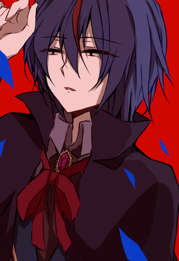1boy alternate_costume black_capelet black_eyes blue_vest bluestar_iz capelet collared_shirt fangs gem hair_between_eyes hand_up looking_to_the_side male_focus official_art open_mouth purple_hair red_background red_eyes red_ribbon ribbon shirt short_hair small_pupils solo vest white_shirt wilardo_adler witch's_heart
