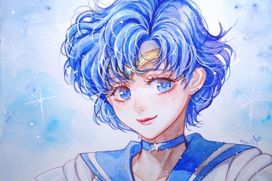 1girl bishoujo_senshi_sailor_moon blue_choker blue_eyes blue_sailor_collar blue_theme choker circlet close-up closed_mouth commentary earrings eyelashes jewelry karin_park korean_commentary looking_to_the_side magical_girl mizuno_ami painting_(medium) sailor_collar sailor_mercury sailor_senshi_uniform short_hair signature smile solo sparkle traditional_media upper_body watercolor_(medium)