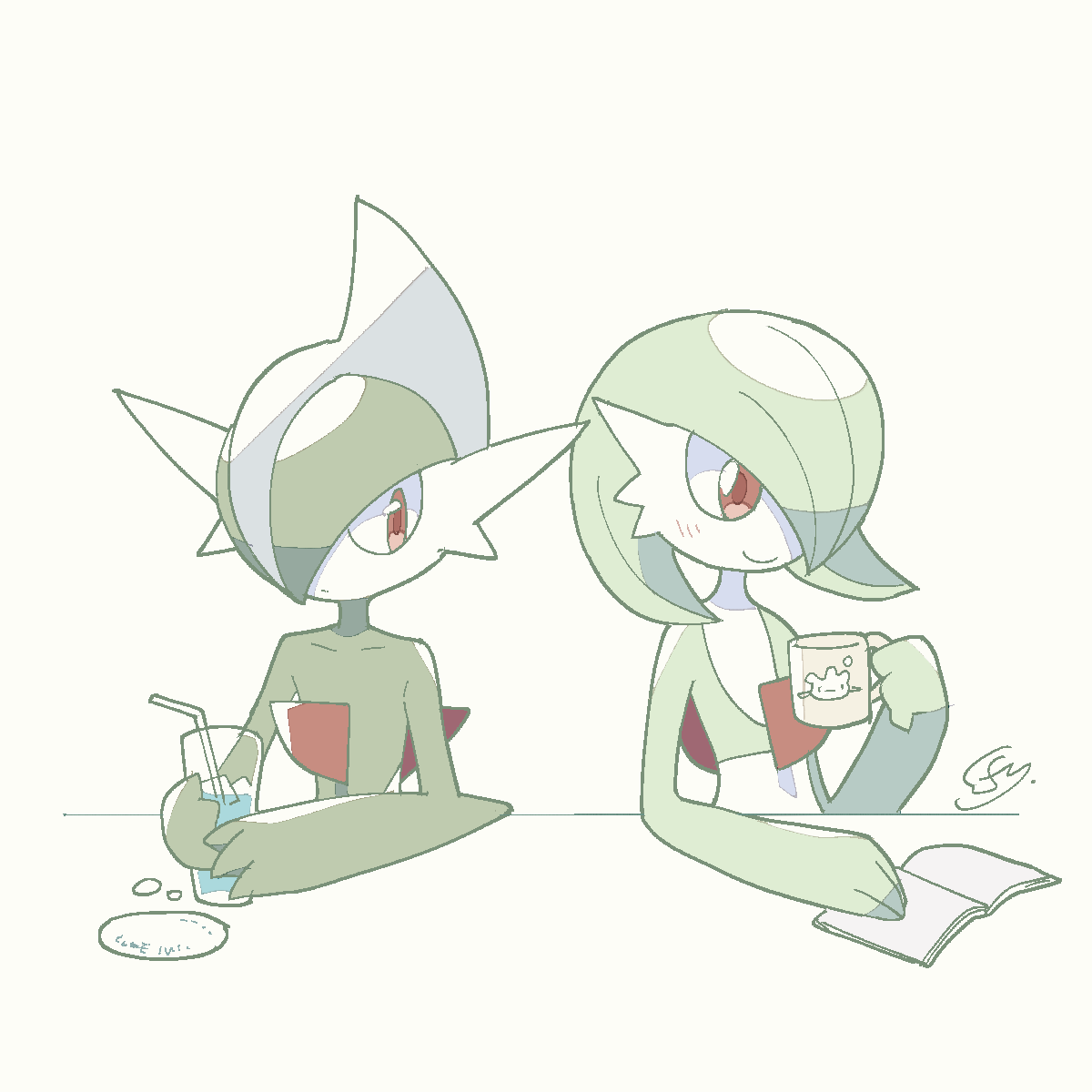 arm_blade bob_cut book coffee_mug colored_skin cup gallade gardevoir green_hair hair_over_one_eye highres holding holding_cup iie_efg milcery mug multicolored_skin pink_eyes pokemon pokemon_(creature) reading simple_background smile two-tone_skin weapon white_background white_skin