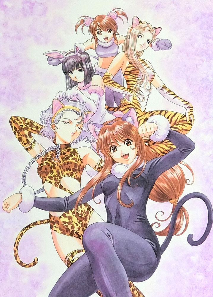 1990s_(style) animal_costume animal_ears animal_hands animal_print arm_behind_head armpits bare_shoulders black_bodysuit black_hair black_sleeves black_tail blonde_hair blue_eyes blunt_bangs bodysuit braid breasts brown_eyes brown_hair cat_costume cat_ears cat_tail chain closed_mouth coquelicot_(sakura_taisen) cowboy_shot crop_top elbow_gloves erica_fontaine everyone fake_animal_ears fake_tail fur_collar fur_trim gloves glycine_bleumer grey_gloves group_picture hand_on_own_hip hand_on_own_knee kitaooji_hanabi leopard_costume leopard_ears leopard_print leopard_tail leotard lobelia_carlini long_hair looking_at_viewer matsubara_hidenori medium_breasts mouse_costume mouse_ears multiple_girls official_art open_mouth parted_lips paw_pose pom_pom_(clothes) ponytail rabbit_costume rabbit_ears rabbit_pose retro_artstyle sakura_taisen sakura_taisen_iii short_hair simple_background sleeveless sleeveless_bodysuit smile straight_hair tail thigh-highs tiger_costume tiger_ears tiger_print tiger_tail traditional_media twin_braids twintails wavy_hair white_bodysuit white_hair white_pom_poms