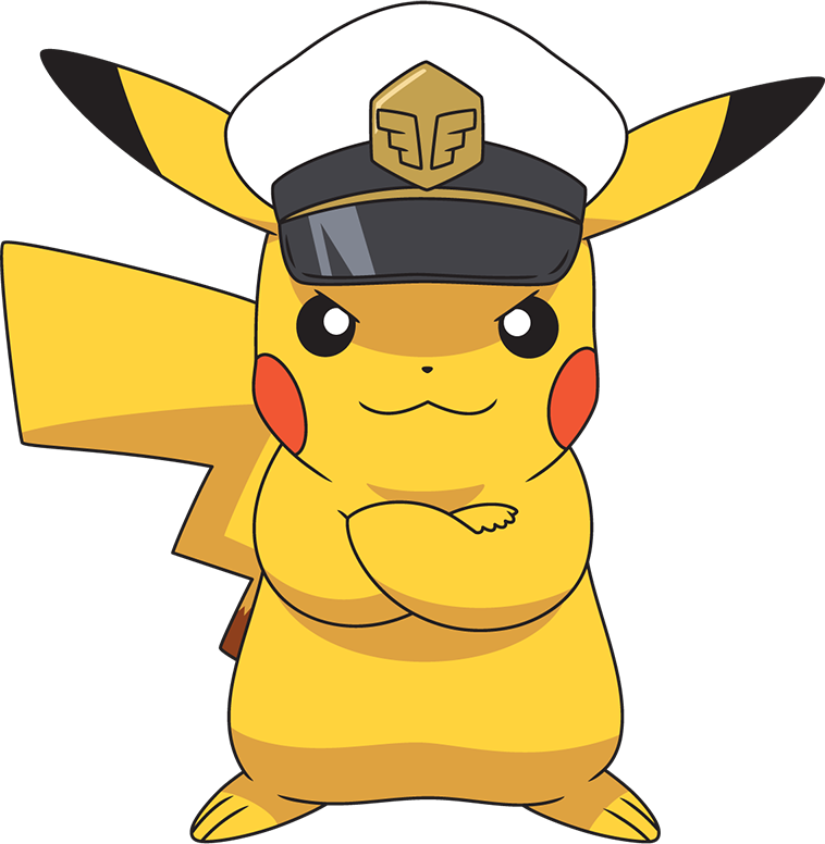 :3 black_eyes bright_pupils captain_pikachu closed_mouth clothed_pokemon crossed_arms full_body happy hat looking_at_viewer no_humans official_art pikachu pokemon pokemon_(anime) pokemon_(creature) pokemon_horizons smile solo standing transparent_background white_hat white_pupils