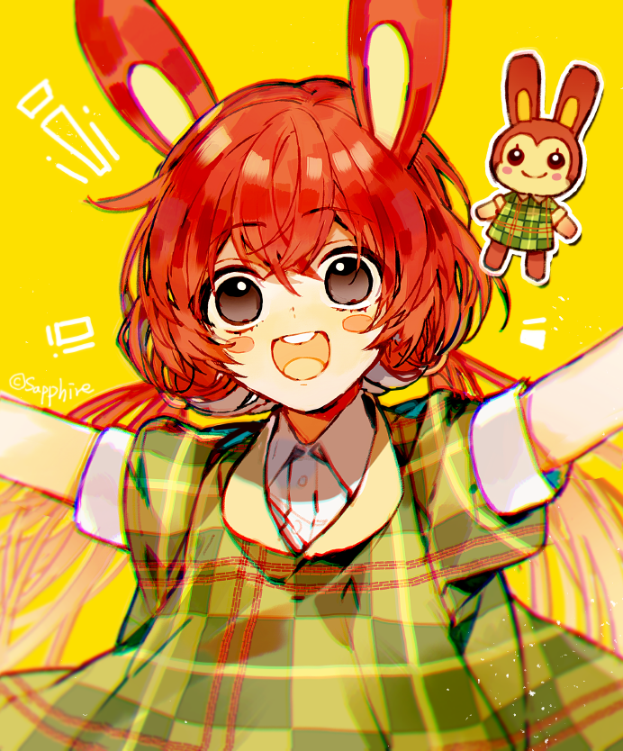 1girl animal_crossing arms_up bunnie_(animal_crossing) collared_shirt dress long_hair low_twintails open_mouth personification plaid plaid_dress puffy_short_sleeves puffy_sleeves rabbit_girl redhead sapphire_(nine) shirt short_sleeves simple_background smile solo twintails very_long_hair white_shirt yellow_background