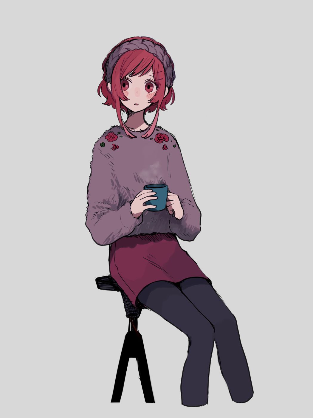 1girl blush cup hairband highres holding holding_cup long_sleeves looking_to_the_side maco22 mug original pantyhose parted_lips pencil_skirt red_eyes redhead short_hair_with_long_locks sitting skirt solo stool sweater