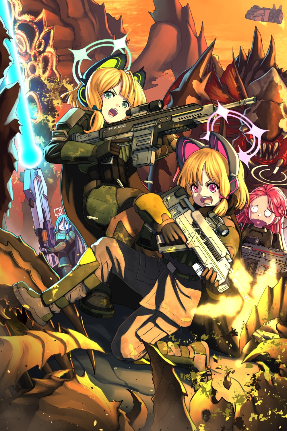 4girls animal_ear_headphones animal_ears aris_(blue_archive) armor black_hair blonde_hair blue_archive cape cat_ear_headphones dropship fake_animal_ears game_development_department_(blue_archive) gloves green_eyes green_halo gun halo headphones helldivers_(series) helmet highres holding holding_gun holding_weapon long_hair_between_eyes midori_(blue_archive) momoi_(blue_archive) multiple_girls open_mouth redhead rifle short_hair siblings sisters substance20 twins weapon yuzu_(blue_archive)