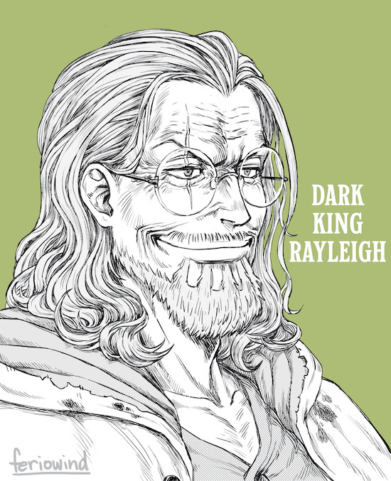 1boy artist_name beard character_name closed_mouth commentary english_commentary english_text facial_hair feriowind glasses male_focus medium_hair mustache_stubble one_piece round_eyewear scar scar_across_eye scar_on_face silvers_rayleigh smile solo stubble white_hair