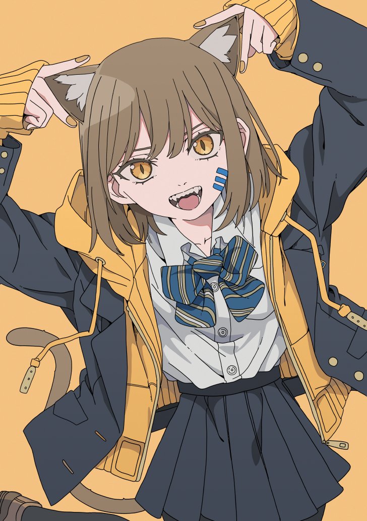 1girl animal_ear_fluff animal_ears arms_up black_jacket black_pantyhose black_skirt blazer blue_bow blue_bowtie bow bowtie brown_footwear brown_hair cat_ears cat_girl cat_tail collarbone collared_shirt commentary_request cowboy_shot diagonal-striped_bow diagonal-striped_bowtie diagonal-striped_clothes double-parted_bangs drawstring facial_mark foot_up hair_between_eyes haku_geroda hood hood_down hoodie jacket lapels long_sleeves looking_at_viewer medium_hair miniskirt notched_lapels open_clothes open_collar open_hoodie open_jacket open_mouth orange_background orange_eyes orange_hoodie orange_nails original pantyhose pleated_skirt school_uniform shirt shirt_tucked_in simple_background skirt sleeves_past_wrists slit_pupils solo striped_clothes tail teeth thick_eyelashes tongue v white_shirt
