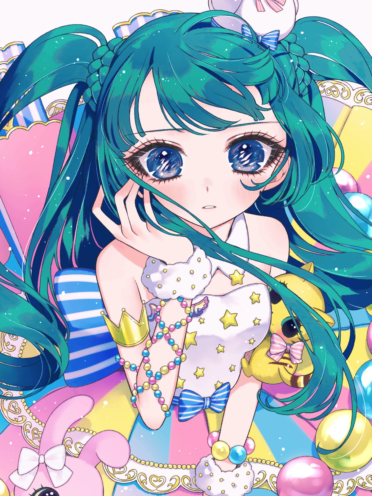1girl ao_(ao0_0nemu) bad_id bad_twitter_id bare_shoulders blue_eyes blunt_bangs commentary_request cowboy_shot detached_collar green_hair hand_up highres idol_clothes long_hair looking_at_viewer pretty_series pripara shirt skirt solo star_(symbol) star_print striped_clothes striped_skirt tsukikawa_chili two_side_up vertical-striped_clothes vertical-striped_skirt white_shirt wrist_cuffs