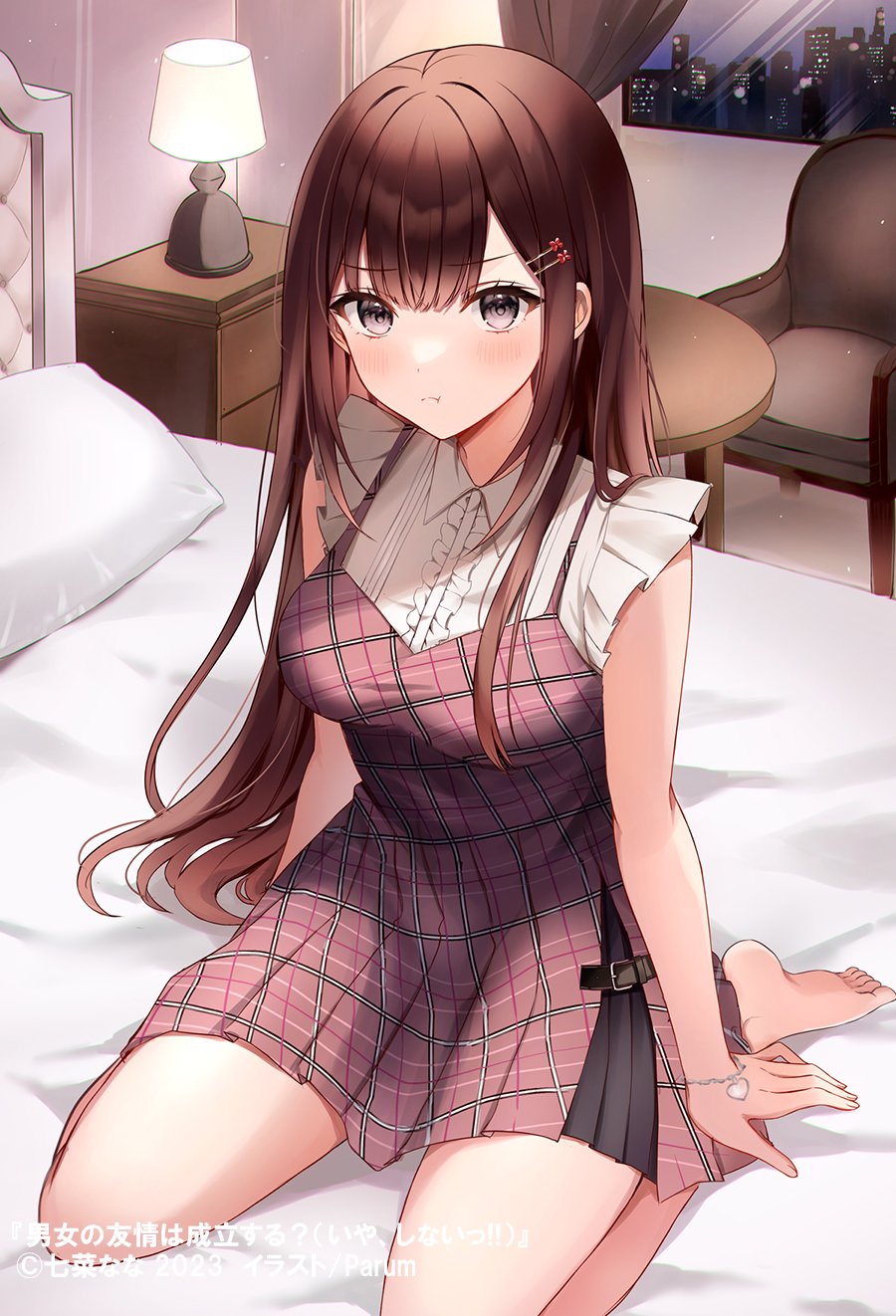 1girl artist_name black_eyes blush breasts brown_hair building chair commentary_request copyright_name copyright_notice danjo_no_yuujou_wa_seiritsu_suru? enomoto_rion furrowed_brow hair_ornament hairclip hand_rest head_tilt heart_bracelet highres lamp large_breasts long_hair looking_at_viewer night official_art on_bed parum39 pillow pout second-party_source seiza sitting solo very_long_hair window wing_collar