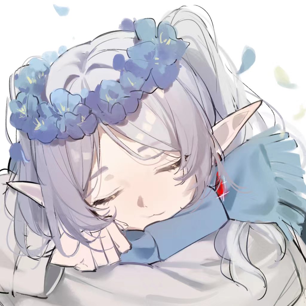 1girl :3 blue_flower blue_scarf closed_eyes closed_mouth elf flower frieren grey_hair head_wreath long_hair long_sleeves parted_bangs pointy_ears scarf shishan979_(seleneebai) simple_background sketch sleeping solo sousou_no_frieren upper_body white_background