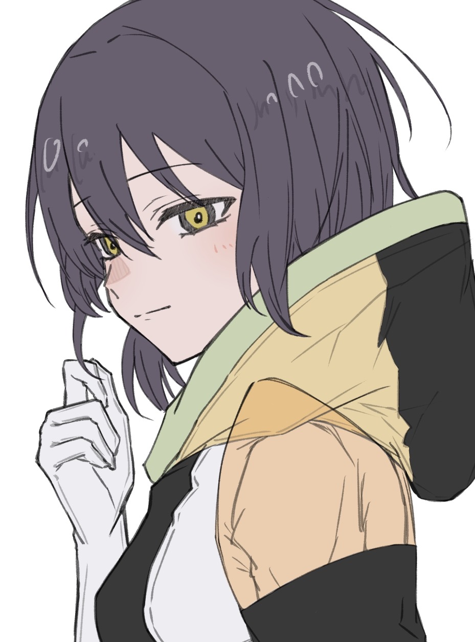 1girl breasts closed_mouth covered_collarbone elbow_gloves eyes_visible_through_hair gina_(gnosia) gloves gnosia hair_between_eyes highres hood hoodie long_hair looking_at_viewer purple_hair short_hair simple_background solo user_wahs4747 wavy_hair white_background