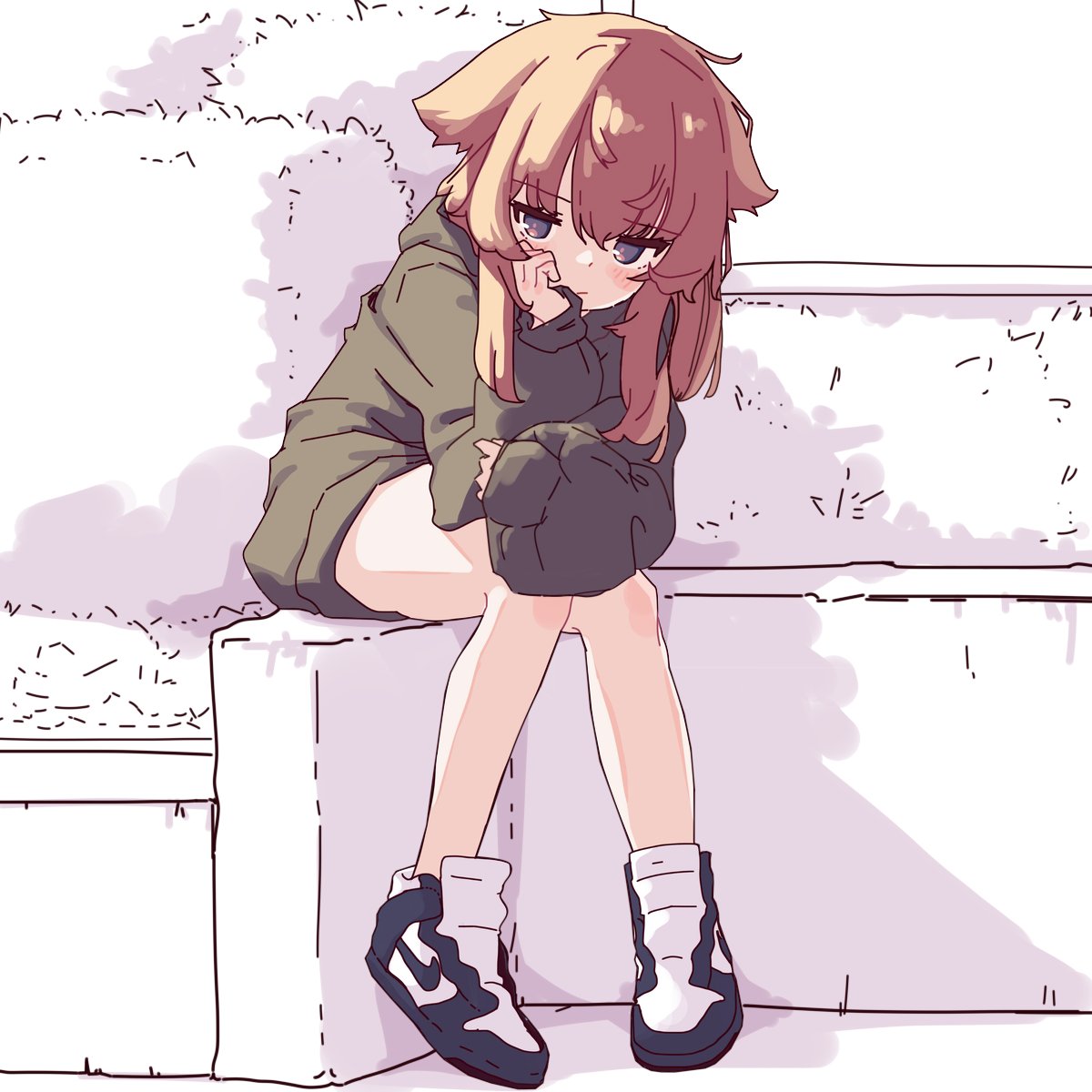 1girl aoi_tori blush brown_hair bush hair_flaps head_rest highres hood hood_down hoodie jitome legs looking_at_viewer messy_hair monochrome_background nike_(company) original shoes sitting sleeves_past_wrists sneakers solo violet_eyes