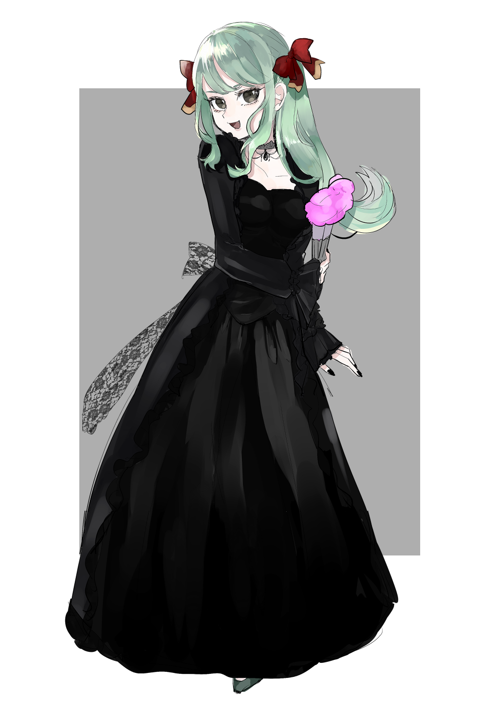1girl black_dress black_nails bow bow_(paper_mario) collarbone dress fang green_hair grey_background grey_eyes hair_bow hand_fan highres holding holding_fan jewelry long_dress long_hair long_sleeves looking_at_viewer necklace open_mouth paper_mario paper_mario_64 personification red_bow sidelocks simple_background sketch smile solo super_mario_bros. swept_bangs tanakaoruta