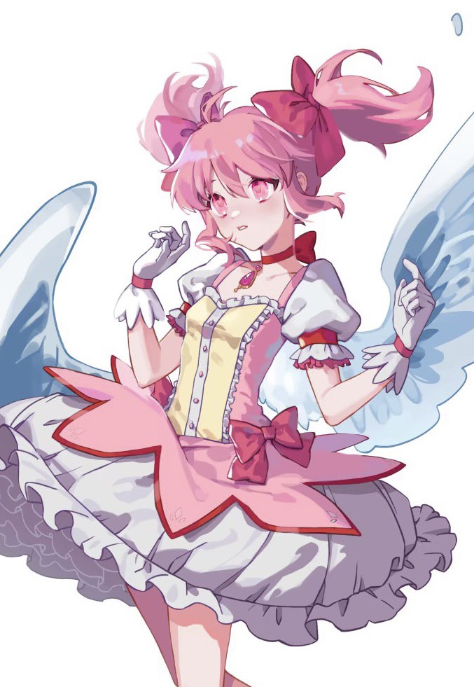 1girl bow bow_choker bubble_skirt buttons chinese_commentary choker collarbone commentary_request dress dress_bow feathered_wings feet_out_of_frame floating_hair frilled_dress frilled_skirt frilled_sleeves frills from_side gloves hair_bow hands_up jpeg_artifacts kaname_madoka looking_ahead magical_girl mahou_shoujo_madoka_magica mahou_shoujo_madoka_magica_(anime) parted_lips pink_bow pink_dress pink_hair puffy_short_sleeves puffy_sleeves red_choker short_hair short_sleeves short_twintails simple_background skirt solo standing twintails white_background white_gloves white_skirt white_wings wings yangyang_zai