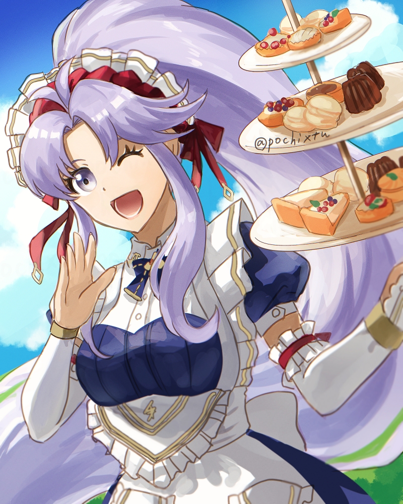 1girl ;d apron blue_dress blue_sky cake clouds detached_sleeves dress eyelashes fire_emblem fire_emblem:_genealogy_of_the_holy_war fire_emblem_heroes food holding_tiered_tray long_hair lower_teeth_only official_alternate_costume one_eye_closed open_mouth pochi_(furaigonn) ponytail puffy_short_sleeves puffy_sleeves purple_hair short_sleeves sidelocks sky smile solo tailtiu_(fire_emblem) tailtiu_(tea_party)_(fire_emblem) teeth tiered_tray twitter_username upper_body very_long_hair violet_eyes white_apron white_headdress