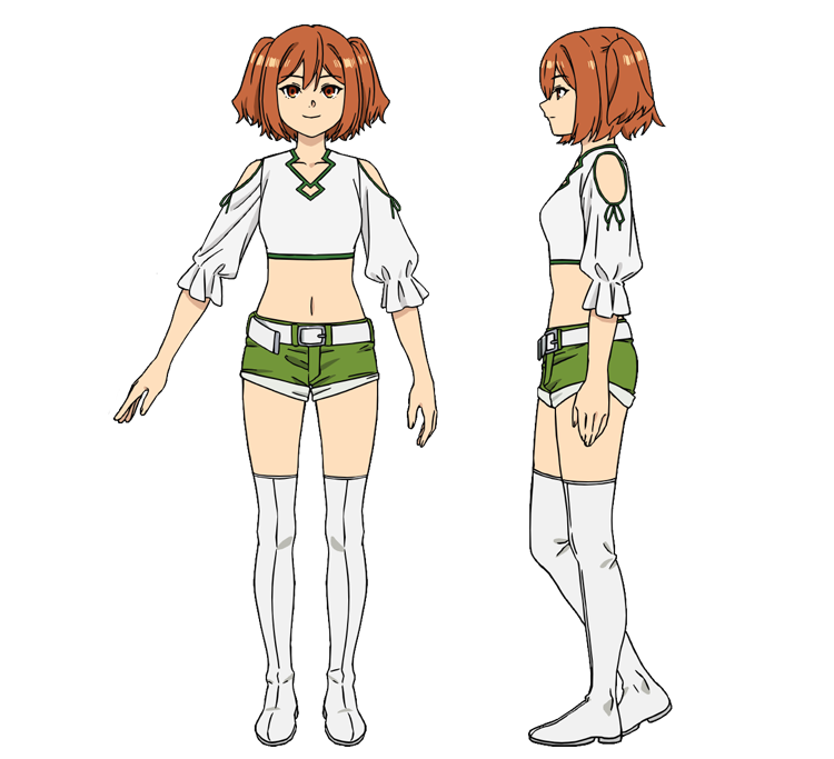 1girl belt boots brown_hair cropped_shirt from_side full_body green_shorts kanne_(sousou_no_frieren) midriff navel official_art profile reference_sheet shirt short_hair short_sleeves shorts sousou_no_frieren straight-on thigh_boots transparent_background two_side_up white_belt white_footwear white_shirt