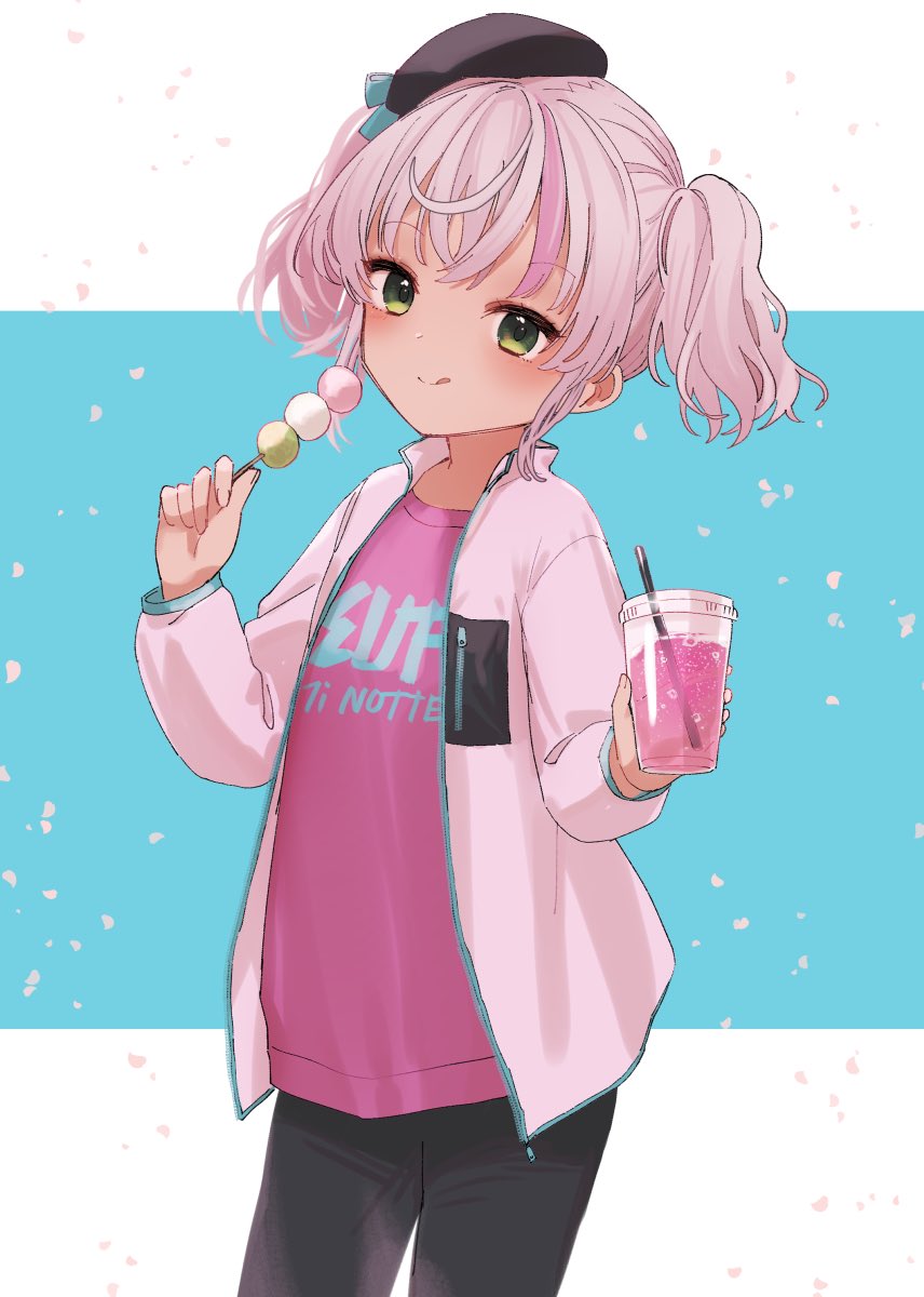 1girl :q beret black_hat black_pants blue_background closed_mouth clothes_writing comandante_cappellini_(kancolle) commentary_request cup dango disposable_cup drink drinking_straw food green_eyes grey_hair hat highres holding holding_cup holding_food jacket kantai_collection long_sleeves multicolored_hair one-hour_drawing_challenge open_clothes open_jacket pants petals pink_hair pink_jacket pink_shirt puffy_long_sleeves puffy_sleeves sanshoku_dango shirt smile solo standing streaked_hair tilted_headwear tongue tongue_out twintails two-tone_background wagashi white_background yamashichi_(mtseven)