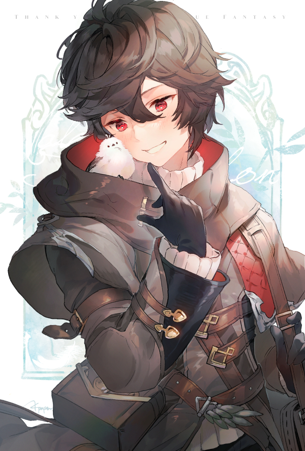 1boy 1other ahoge animal_on_shoulder arm_up bag belt bird bird_on_shoulder black_gloves brown_hair commentary_request endend_(shinia) english_commentary english_text gloves granblue_fantasy grin hair_between_eyes layered_sleeves light_blush looking_at_another male_focus messy_hair mixed-language_commentary official_alternate_costume pouch red_eyes sandalphon_(granblue_fantasy) sandalphon_(valentine)_(granblue_fantasy) shoulder_bag signature smile strap sweater turtleneck turtleneck_sweater upper_body white_sweater