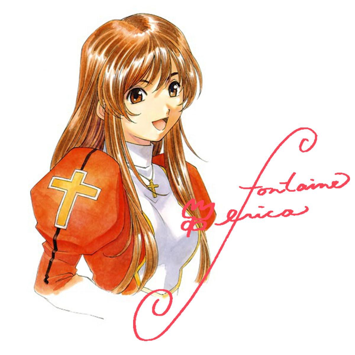 1girl black_stripes breasts brown_eyes brown_hair character_name collar cropped_torso cross cross_necklace cursive drawing_(object) dress english_text erica_fontaine flower hair_between_eyes highres jewelry juliet_sleeves long_hair long_sleeves looking_at_viewer mandarin_collar matsubara_hidenori medium_breasts necklace nose official_art open_eyes open_mouth puffy_sleeves red_dress red_sleeves sakura_taisen sakura_taisen_iii sega sidelocks signature simple_background smile solo solo_focus third-party_source tulip wavy_hair white_background white_collar wispy_bangs