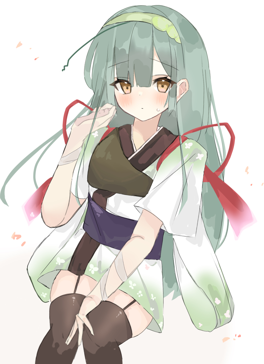 1girl black_thighhighs blush brown_eyes closed_mouth feet_out_of_frame garter_straps green_hair green_hairband green_kimono hair_between_eyes hairband hand_on_own_thigh hand_up highres japanese_clothes kimono koto_n8 long_hair looking_at_viewer muneate obi ribbon sash short_kimono short_sleeves simple_background sitting solo sweat tasuki thigh-highs touhoku_zunko very_long_hair voiceroid white_background white_kimono wide_sleeves