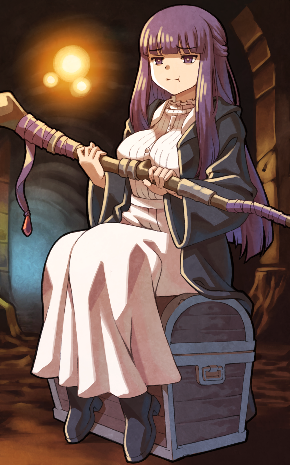 1girl black_footwear black_robe blunt_bangs blunt_ends boots breasts cave cave_interior collar commentary_request dress fern_(sousou_no_frieren) frilled_collar frills full_body hands_up highres holding holding_wand indoors long_hair long_sleeves pout purple_hair purple_ribbon ribbon robe sidelocks sitting solo sousou_no_frieren treasure_chest violet_eyes wand white_dress yuka_ne_(denim)