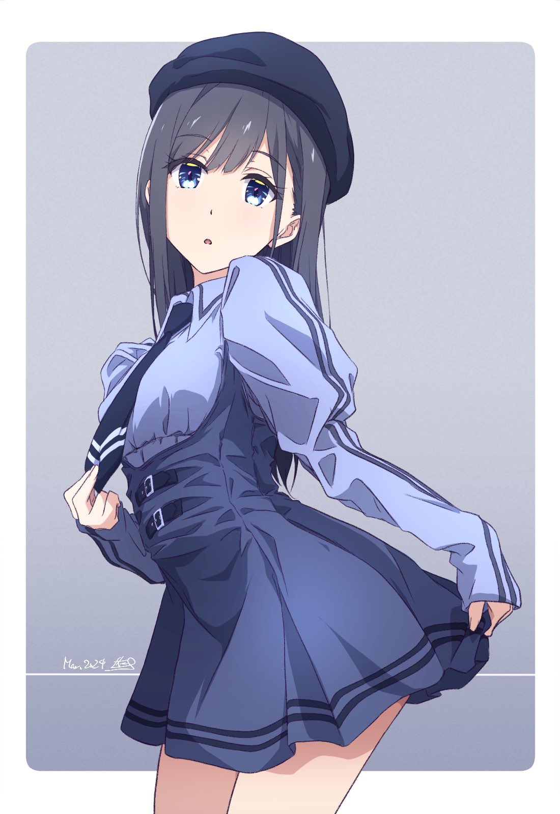 1girl :o beret black_hair black_hat blue_eyes blue_necktie blue_shirt blue_skirt collared_shirt commentary_request dated gradient_background grey_background hat highres long_hair long_sleeves looking_at_viewer monai-chan_(nii_manabu) necktie nii_manabu original shirt signature skirt solo thighs