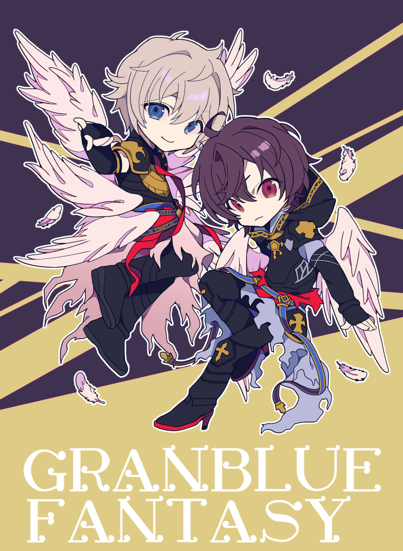 2boys ahoge armor belt blue_belt boots breastplate brown_hair cape chibi commentary_request elbow_gloves english_text expressionless feathered_wings feathers fingerless_gloves floating full_body gloves granblue_fantasy hair_between_eyes high_heel_boots high_heels hood hood_down light_smile looking_at_viewer lucifer_(shingeki_no_bahamut) messy_hair multiple_boys multiple_wings pointing pointing_at_viewer red_ribbon ribbon sandalphon_(granblue_fantasy) short_hair short_sleeves side-by-side simple_background sweet_love4s torn_cape torn_clothes white_cape white_feathers white_hair white_wings wings