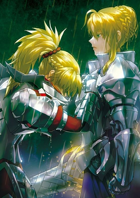 2girls ahoge armor armored_dress artist_name artoria_pendragon_(fate) artoria_pendragon_(lancer)_(fate) blonde_hair braid clenched_hands commentary_request excalibur_(fate/stay_night) expressionless fate/apocrypha fate/grand_order fate_(series) french_braid gauntlets green_eyes hair_over_eyes kim_yura_(goddess_mechanic) long_hair md5_mismatch mordred_(fate) mordred_(fate/apocrypha) multiple_girls photoshop_(medium) ponytail rain red_scrunchie scrunchie sparkle sword tears twitter_username weapon wet