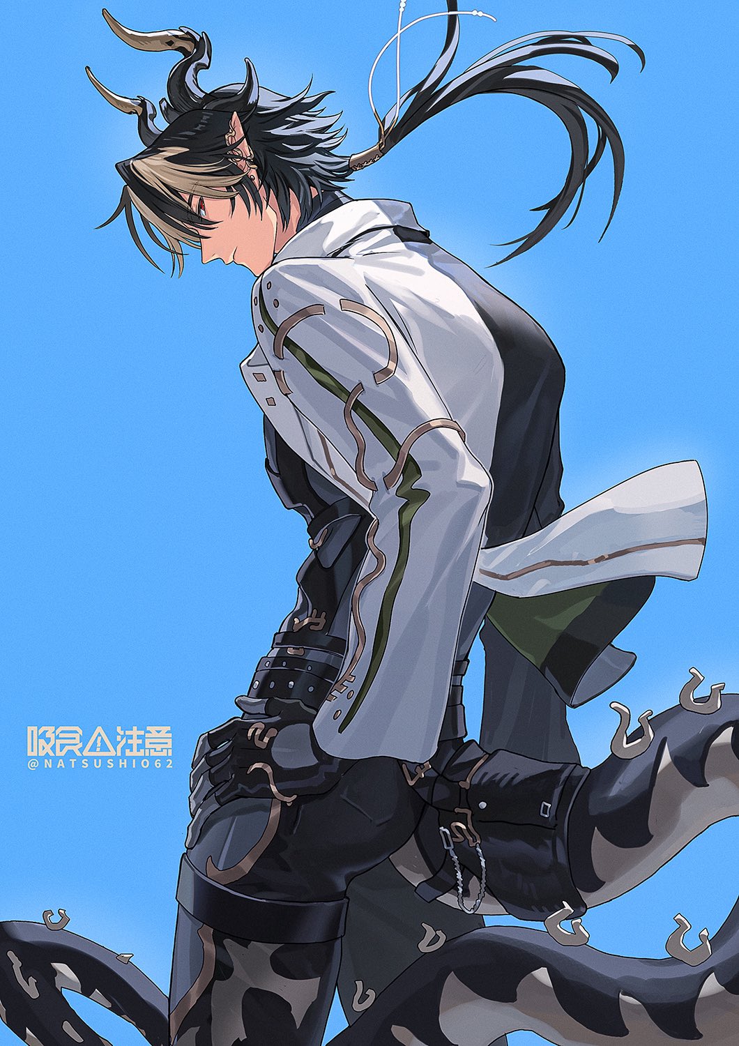 1boy arknights belt black_belt black_gloves black_hair black_pants blue_background chong_yue_(alighting)_(arknights) chong_yue_(arknights) closed_mouth dragon_boy dragon_horns dragon_tail ear_ornament floating_hair from_side gloves hand_on_own_hip head_down highres horns jacket low_ponytail male_focus multicolored_clothes multicolored_hair multicolored_jacket natsushio_(x2i2a) open_clothes open_jacket pants pointy_ears red_eyes sideways_glance simple_background solo streaked_hair tail thigh_strap two-tone_jacket upper_body wind