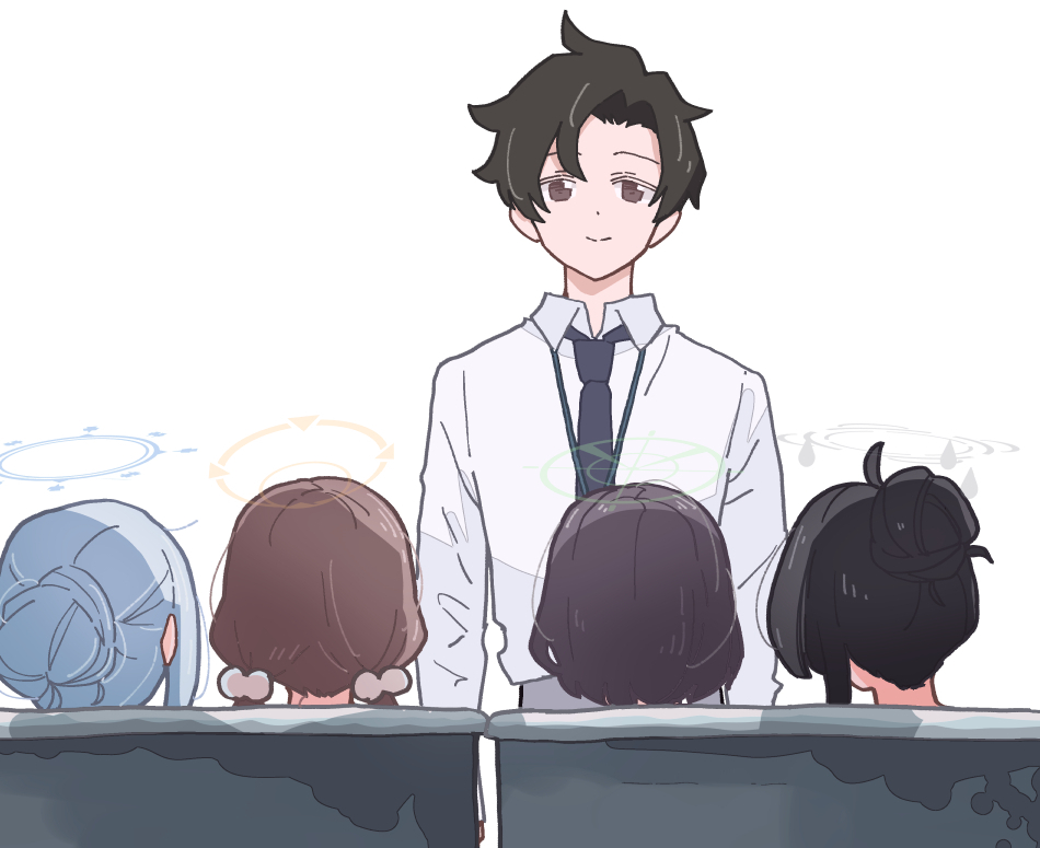 1boy 4girls black_hair black_necktie blue_archive brown_hair closed_mouth collared_shirt commentary_request drum_(container) grey_eyes grey_hair hair_bun halo ichihi_(spinon) in_container lanyard looking_at_viewer male_focus miyako_(blue_archive) miyu_(blue_archive) moe_(blue_archive) multiple_girls necktie rabbit_platoon_(blue_archive) saki_(blue_archive) scene_reference sensei_(blue_archive) sensei_(blue_archive_the_animation) shirt short_hair simple_background smile solo_focus white_background white_shirt