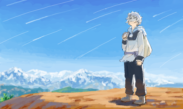 1boy backpack bad_drawr_id bad_id bag black_pants blue_sky character_request clouds cojibou copyright_request day full_body holding holding_bag hood hood_down hoodie long_sleeves male_focus mountain mountainous_horizon oekaki outdoors pants shooting_star short_hair sky solo standing white_hair