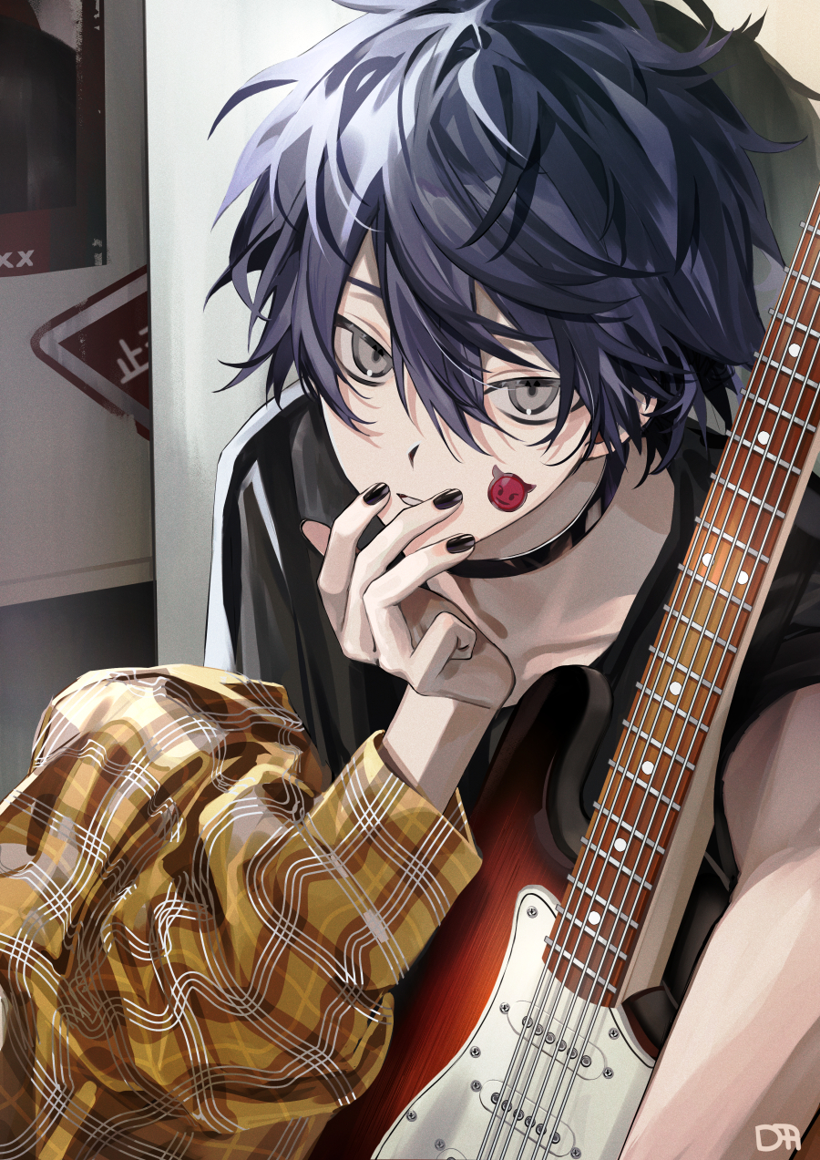 1boy against_wall black_choker black_shirt choker daenarys electric_guitar fender_stratocaster guitar hair_between_eyes hand_on_own_chin hand_to_own_mouth highres holding holding_guitar holding_instrument instrument jacket_on_arm leaning_forward light_frown looking_at_viewer male_focus manicure messy_hair nail_polish original parted_lips purple_hair shirt sleeveless solo sticker_on_face