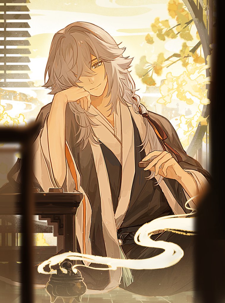 1boy architecture chinese_clothes closed_mouth east_asian_architecture fox01271 grey_hair hair_over_one_eye hand_on_own_face honkai:_star_rail honkai_(series) jing_yuan long_hair male_focus on_ground robe solo yellow_eyes