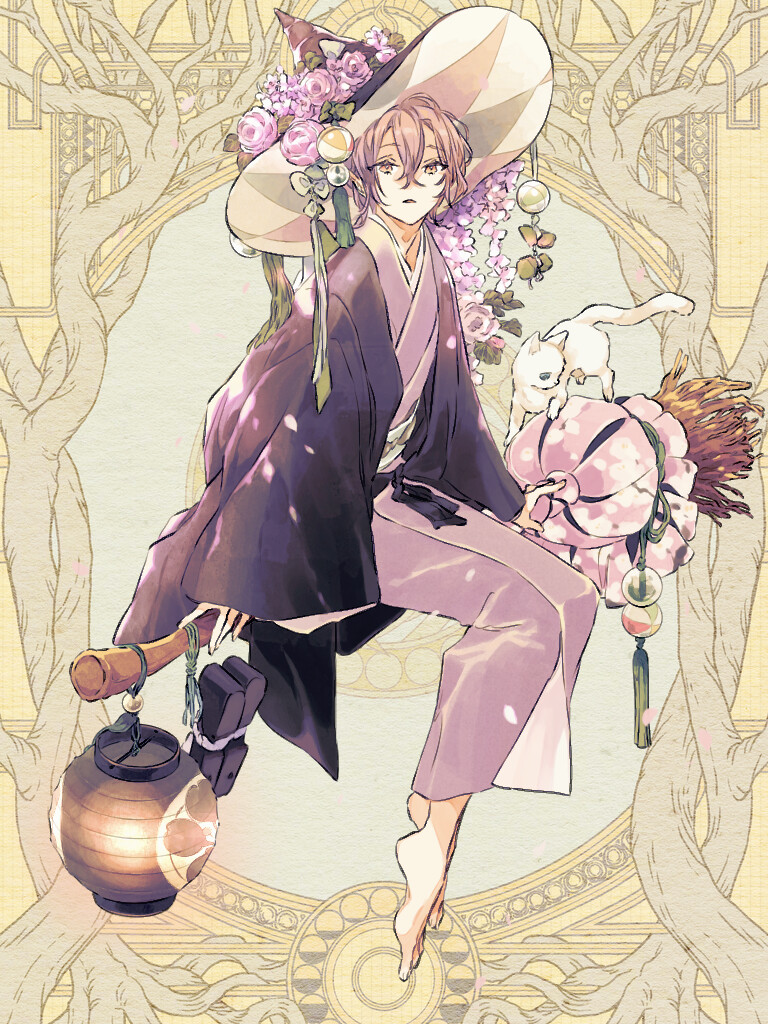 1boy argyle_clothes argyle_hat arm_support ball barefoot black_hat black_jacket broom broom_riding cat cherry_blossoms dairoku_ryouhei double-parted_bangs flower full_body hair_between_eyes hanamure_sakurami haori hat hat_flower hat_tassel jacket japanese_clothes kimono lantern looking_at_viewer looking_to_the_side male_focus orange_eyes paper_lantern parted_lips pink_flower pink_hair pink_kimono pink_rose purple_flower rose sandals sash seiyakarutaken short_hair sidesaddle sitting solo temari_ball two-sided_fabric two-sided_headwear unworn_sandals white_cat wisteria witch witch_hat