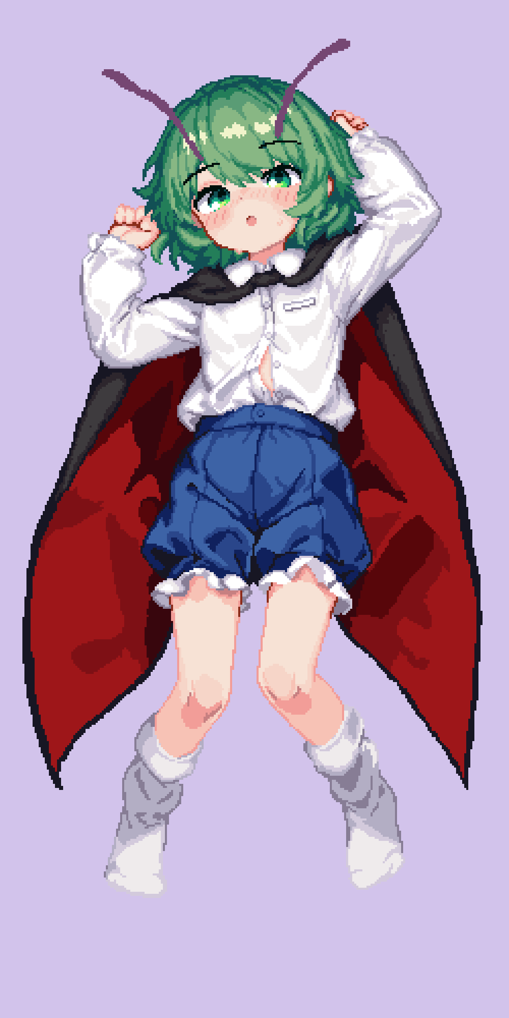 1girl 999_(hansode) antennae black_cape blue_shorts blush buttons cape collared_shirt full_body green_eyes green_hair highres long_sleeves looking_at_viewer open_mouth pixel_art purple_background shirt short_hair shorts simple_background socks solo touhou white_shirt white_socks wriggle_nightbug