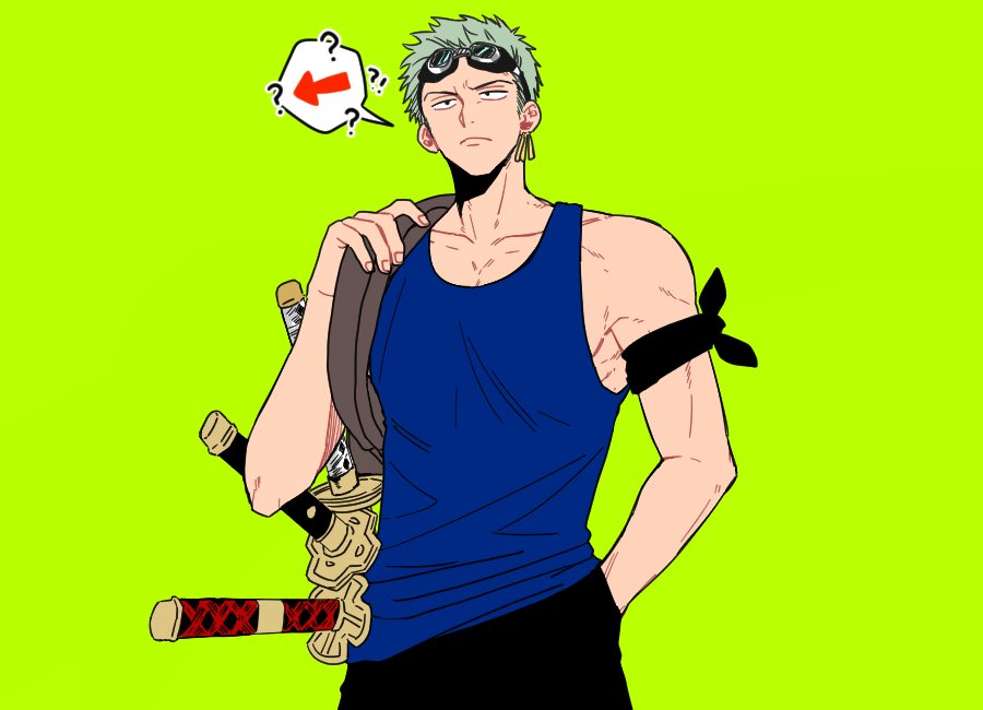 1boy ? arrow_(symbol) bag bandana_around_arm blue_tank_top earrings enahr_1111 goggles goggles_on_head green_background green_hair jewelry korean_commentary male_focus one_piece roronoa_zoro short_hair shoulder_bag simple_background solo sword tank_top upper_body weapon