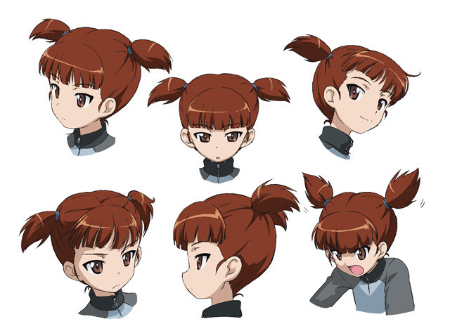 1girl blunt_bangs closed_mouth concept_art from_side girls_und_panzer hair_tie keizoku_military_uniform mikko_(girls_und_panzer) multiple_views official_art open_mouth red_eyes redhead short_hair short_twintails simple_background twintails white_background zipper_pull_tab