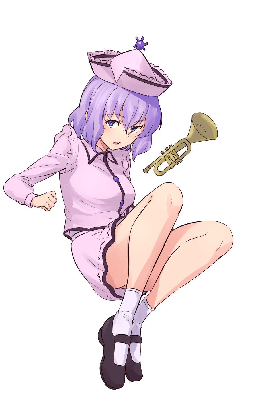 1girl black_footwear commentary frilled_hat frills full_body hat highres instrument kakone looking_at_viewer merlin_prismriver one-hour_drawing_challenge open_mouth pink_shirt pink_skirt purple_hair shirt simple_background skirt socks solo touhou trumpet violet_eyes white_background white_socks