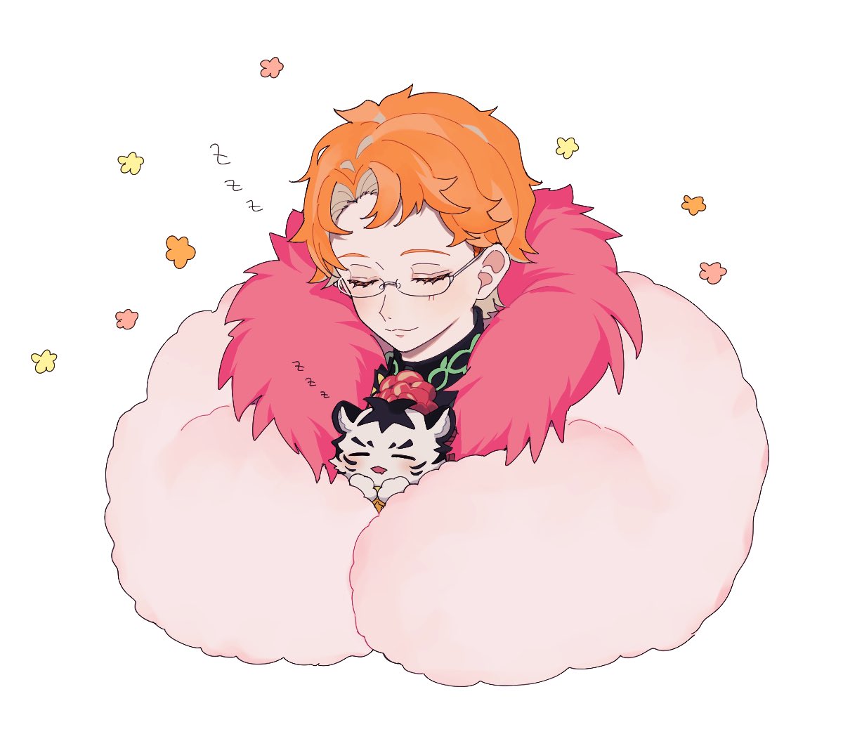 1boy ao_(ao0_0nemu) bad_id bad_twitter_id closed_eyes closed_mouth commentary_request facing_viewer feather_boa fur_trim glasses juuouin_kakeru king_of_prism male_focus orange_hair pretty_rhythm pretty_series short_hair simple_background sleeping smile solo tiger upper_body white_background zzz