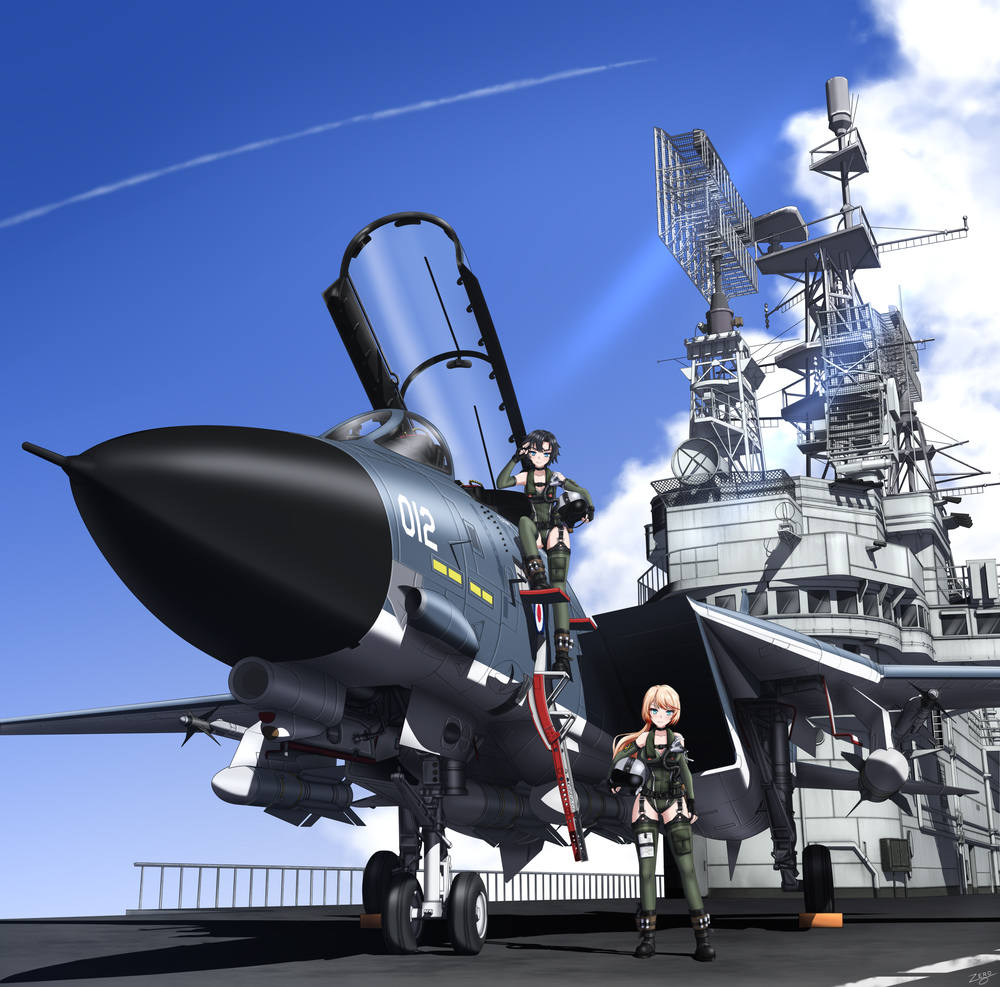 2girls aim-9_sidewinder aircraft aircraft_carrier airplane clouds cloudy_sky commission f-14_tomcat fighter_jet flight_deck hms_ark_royal_(r09) jet looking_at_viewer military_uniform military_vehicle multiple_girls original pixiv_commission radar_dish roundel royal_navy ship sky uniform warship watercraft zero_(73ro)
