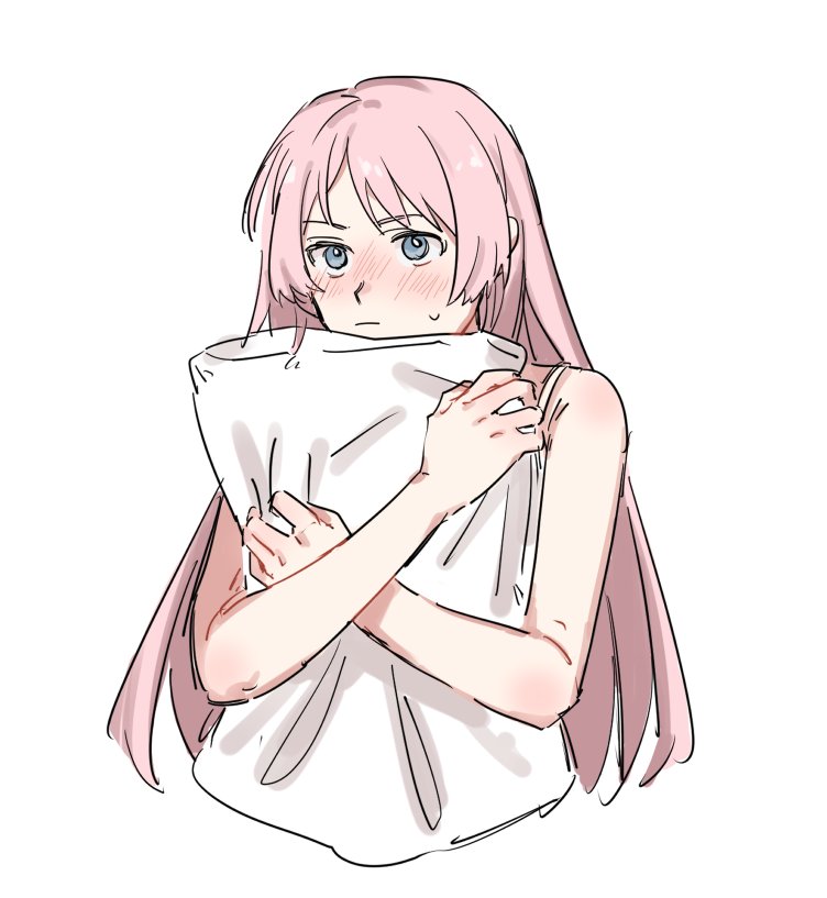 1girl bang_dream! bang_dream!_it's_mygo!!!!! bra bra_strap chihaya_anon closed_mouth commentary cropped_torso grey_eyes hugging_object long_hair pillow pillow_hug pink_hair simple_background solo sweatdrop symbol-only_commentary underwear upper_body white_background white_bra yuki_watson_n