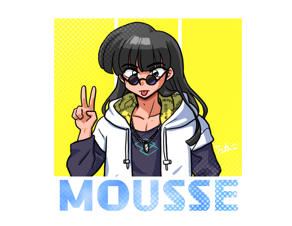 1boy :p black_hair black_undershirt character_name diamond_(shape) green_eyes hand_up hood hoodie jacket long_hair looking_at_viewer looking_over_eyewear mousse_(ranma_1/2) ranma_1/2 signature silver_necklace sunglasses tongue tongue_out two-tone_background upper_body v wanta_(futoshi) white_hoodie
