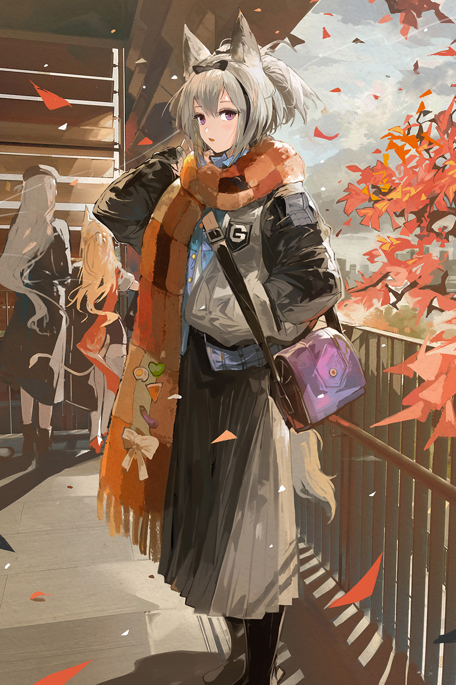 3girls :o alchemaniac animal_ears arknights bag black_bow black_footwear black_jacket blue_shirt blush boots bow bow_hairband branch clouds collared_shirt day falling_leaves fringe_trim from_side full_body grani_(arknights) grey_skirt hairband hand_in_pocket handbag highres horse_ears horse_girl jacket leaf letterman_jacket long_skirt long_sleeves looking_at_viewer multicolored_clothes multicolored_jacket multiple_girls open_mouth orange_scarf outdoors pleated_skirt railing scarf shadow shirt skirt solo_focus two-tone_jacket violet_eyes white_jacket
