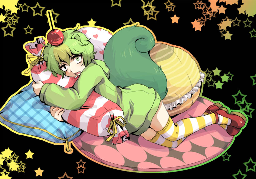 ambiguous_gender black_background candy food green_eyes green_hair green_jacket green_tail happy_tree_friends jacket lying m_no_hito on_side pillow pillow_grab red_footwear saliva thigh-highs