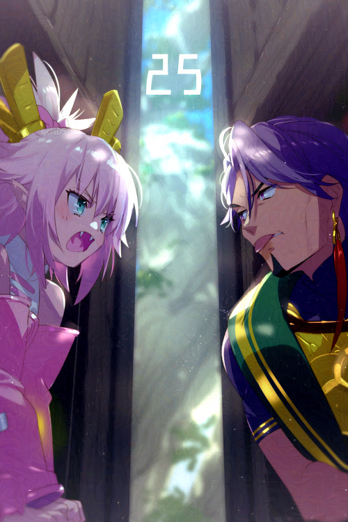 1boy 1girl armor bare_shoulders black_shirt blue_eyes bow breastplate breasts detached_sleeves dragon_girl dragon_horns dragon_tail duryodhana_(fate) earrings echo_(circa) fangs fate/grand_order fate_(series) gold_armor gold_trim hair_bow high_ponytail horns jewelry kumonryuu_eliza_(fate) long_hair open_mouth pink_bow pink_hair pink_sleeves pointy_ears purple_hair shirt short_hair short_sleeves sidelocks sleeveless sleeveless_shirt small_breasts tail tongue tongue_out violet_eyes white_shirt wide_sleeves