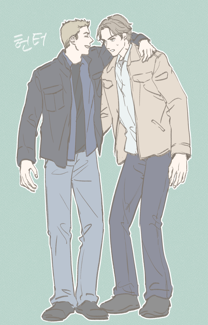 2boys arm_on_another's_shoulder blonde_hair brothers brown_hair closed_eyes dean_winchester full_body green_eyes highres korean_text looking_at_another male_focus multiple_boys sam_winchester short_hair siblings simple_background smile supernatural_(tv_series) sweatdrop translation_request tripleace333