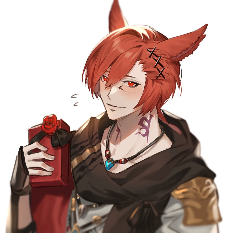 1boy animal_ears box bracer braid brown_scarf cat_ears facial_mark final_fantasy final_fantasy_xiv flying_sweatdrops from_side g'raha_tia gift gift_box grey_shirt hair_between_eyes hair_ornament hand_up holding holding_gift jewelry looking_at_viewer male_focus melonlove miqo'te neck_tattoo pendant red_eyes redhead scarf shirt short_hair simple_background single_braid slit_pupils smile solo swept_bangs tattoo white_background x_hair_ornament
