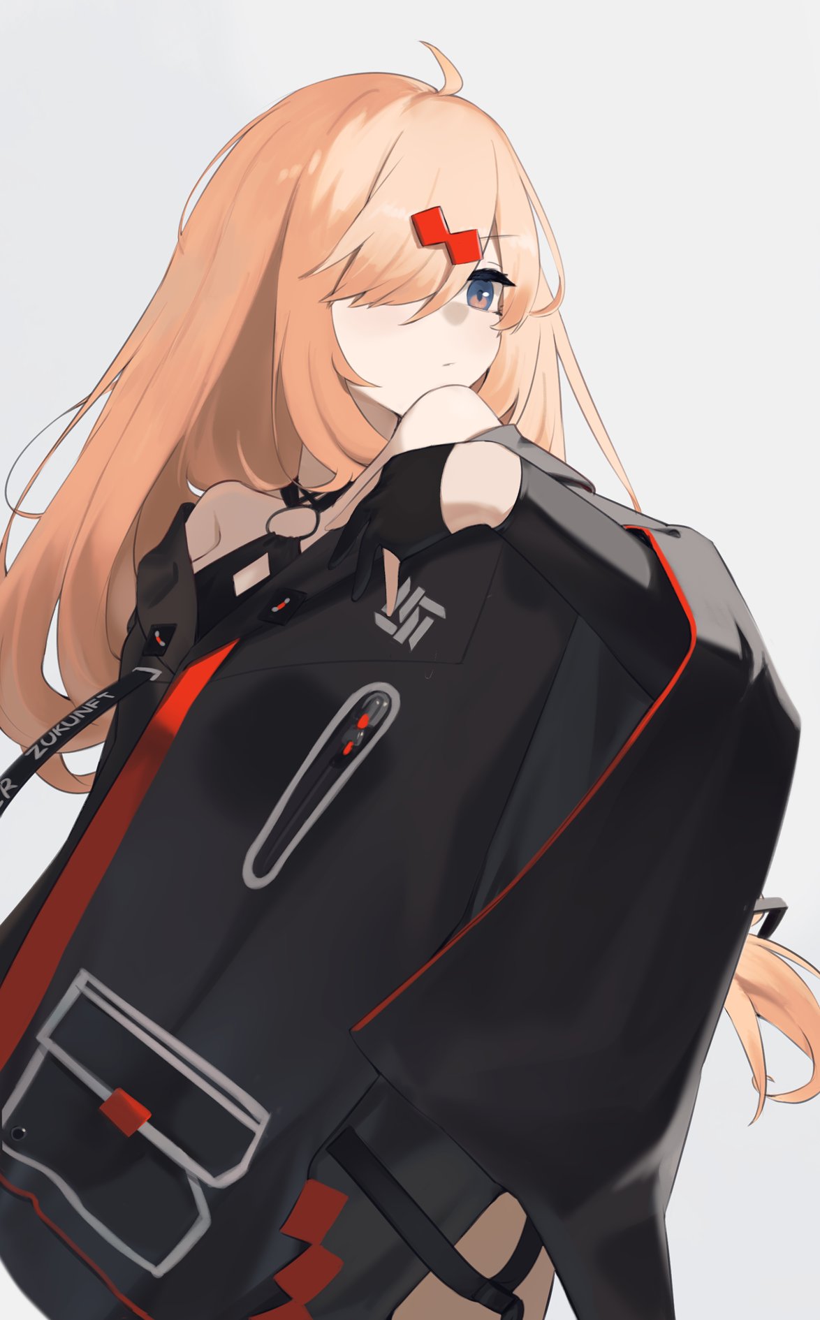 1girl black_cloak black_gloves blonde_hair blue_eyes cloak clothes_writing cowboy_shot dot_mouth expressionless german_text girls_frontline gloves hair_ornament hair_over_one_eye half_gloves highres hinami047 long_hair mg36_(girls'_frontline) no_nose simple_background solo white_background