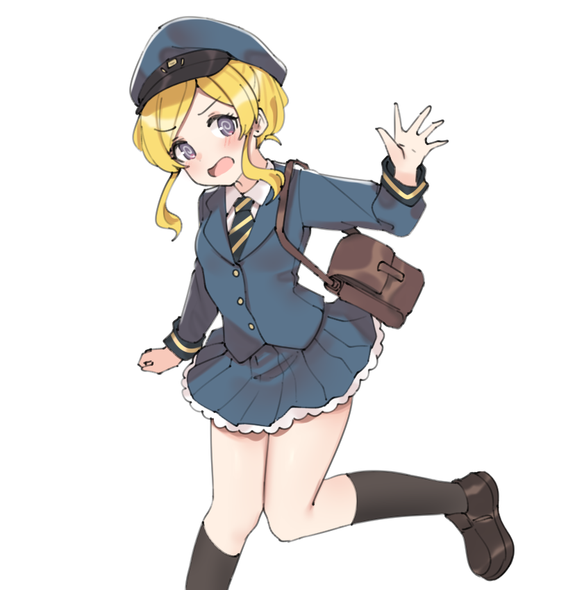 1girl @_@ aa211108 bag blonde_hair blue_jacket blue_skirt brown_bag collar collared_shirt emily_stewart eyelashes feet_out_of_frame hand_up hat idolmaster idolmaster_million_live! idolmaster_million_live!_theater_days jacket kneehighs loafers long_sleeves necktie open_mouth parted_bangs pleated_skirt shirt shoes short_hair shoulder_bag shy sidelocks skirt socks solo standing standing_on_one_leg striped_necktie v-shaped_eyebrows violet_eyes wavy_mouth white_collar